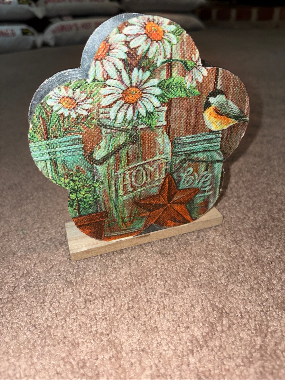 Wooden Daisy & Bird Decorative Shelf Accent - Rustic Home Napkin Holder